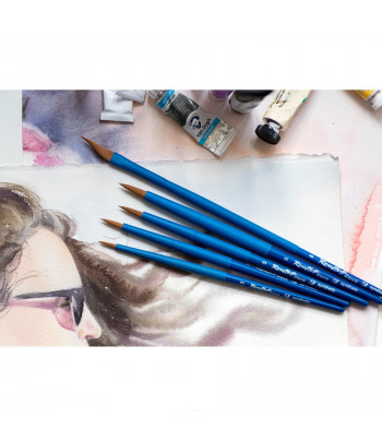 Пензель из волоса коричневой синтетики КРУГЛАЯ ручка кортк.СИНЯ,обойма soft-touch "AQUA blue" Roubloff №4